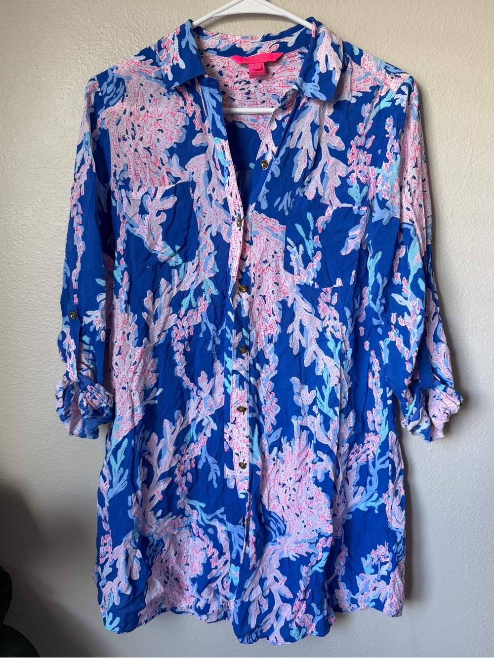 Lilly Pulitzer Natalie Blue Coral-Print Button-Up Tunic Top Cover-Up XS preppy
